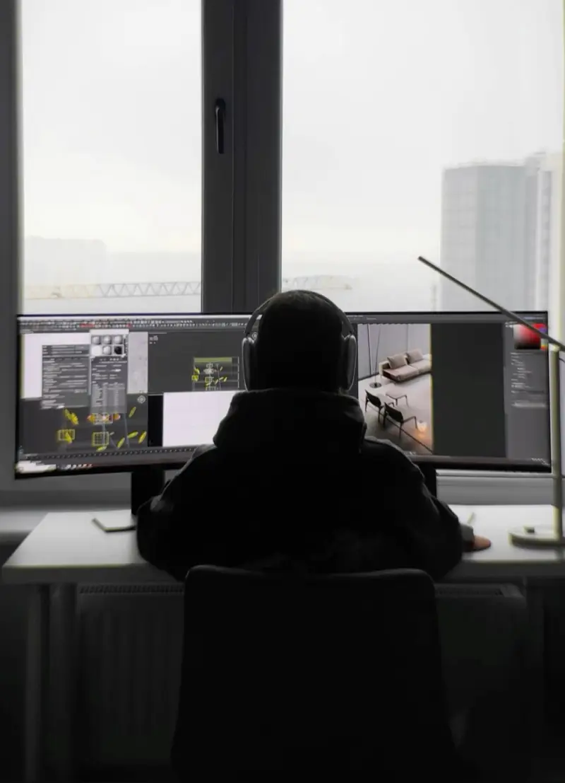 Grafik pracujący przy dwóch monitorach